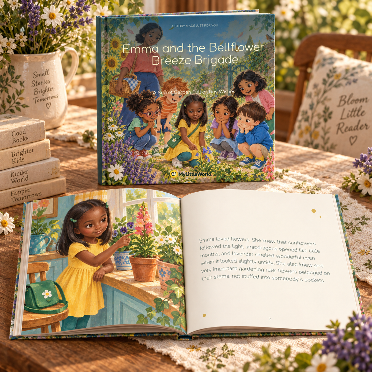 A printed personalized book with its illustrated inner spread open