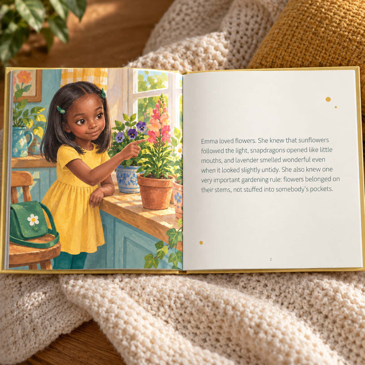 An open personalized children's book showing a family illustration and story text